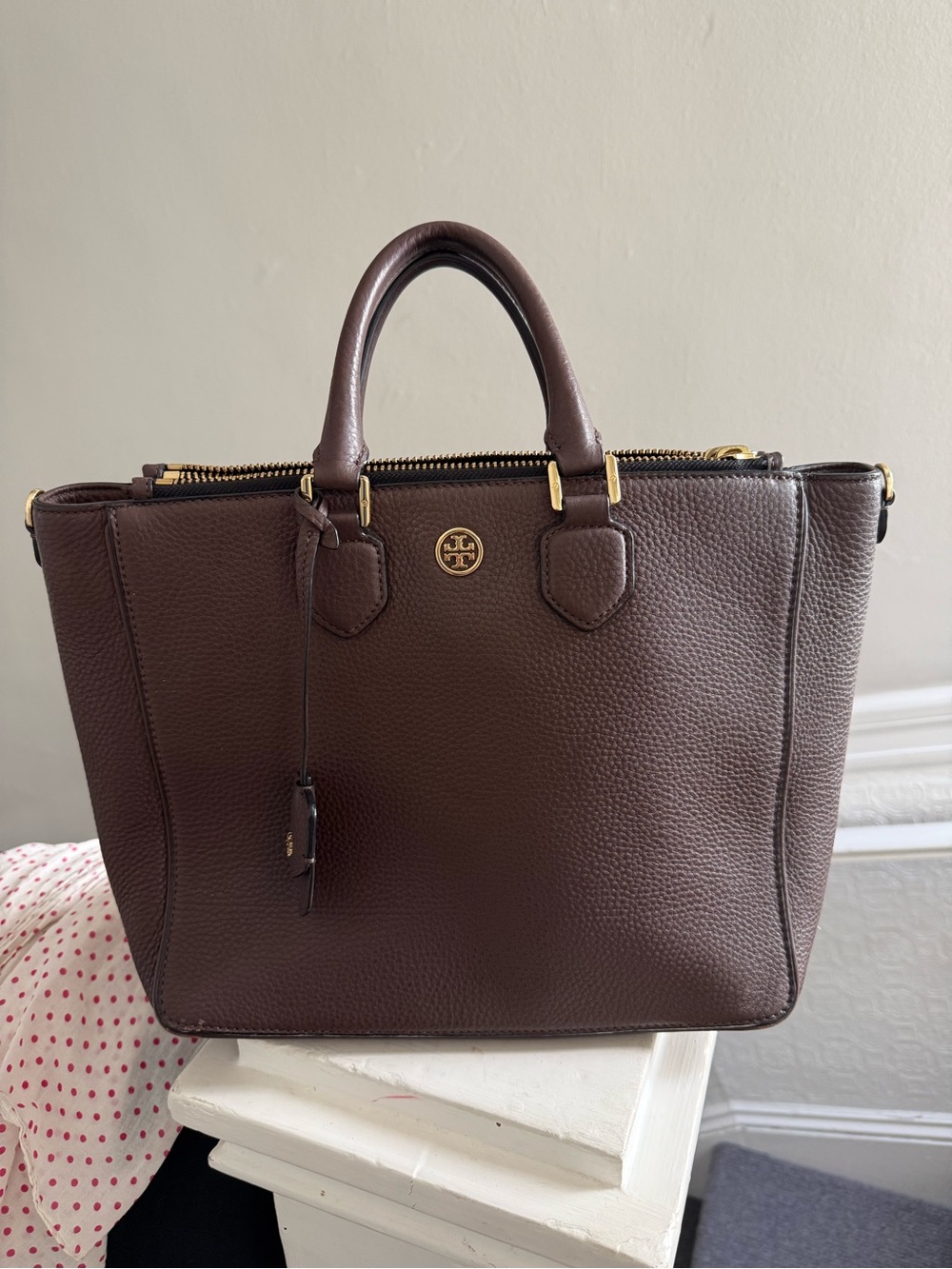 Tory Burch Dark Brown Pebbled Leather Satchel with Gold Hardware